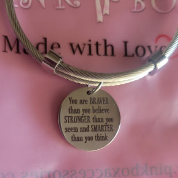 Solid Stainless Steel Inspirational Cable Bangle by Pink Box "You are Braver..." - Picture 2 of 4